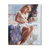 Tablou tanara pe pat, pictat manual, Feminitate, 90x70cm ulei pe panza, delicat, Mircea Iordache