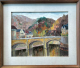 Cumpara ieftin Maria Fr&acirc;nculescu (1922-2010)-Sur Le Pont Bruge, pictură p&acirc;nză licitată, Peisaje, Ulei, Impresionism