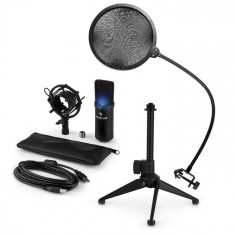 Auna MIC-900B-LED V2, set de microfon usb, microfon condensator alb + filtru pop + suport de masa foto