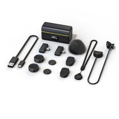 Set 2 Microfoane Lavaliera Profesionale CRISTALIS SALE&amp;trade;, Cu Accesorii Full, Rotunde cu Magnet, Mufe Type C si Lightning , Wireless, Reducere zgomot Am foto