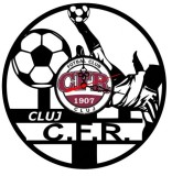 Ceas de perete decorativ realizat din disc de vinil, Model CFR Cluj, Fotbalist in Foarfeca si Mingi, Text Cluj C.F.R., Negru, 30 cm