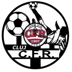 Ceas de perete decorativ realizat din disc de vinil, Model CFR Cluj, Fotbalist in Foarfeca si Mingi, Text Cluj C.F.R., Negru, 30 cm
