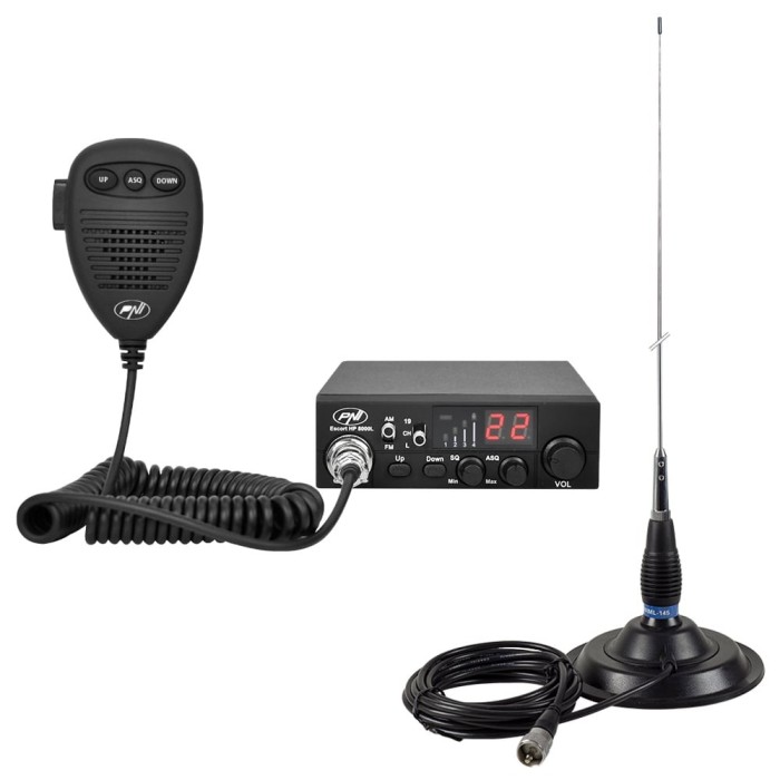 Kit Statie radio CB PNI Escort HP 8000L ASQ + Antena CB PNI ML145 cu magnet 145 PL