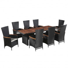 Set mobilier de exterior cu perne, 9 piese, negru, poliratan