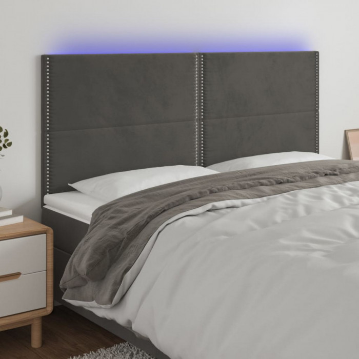vidaXL Tăblie de pat cu LED, gri &icirc;nchis, 160x5x118/128 cm, catifea