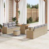 Set canapele grădină vidaXL 10 piese cu perne Bej Ratan Poli Acacia, Set dining grădină vidaXL 3 piese cu perne Bej Ratan Poli Acacia