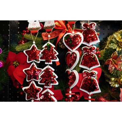 Ornament de brad trei brazi cu paiete, Flippy, rosu, lemn, 36 cm foto