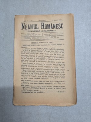 Neamul Rom&amp;acirc;nesc nr. 95/13.08.1910 - foaia Partidului Nationalist Democrat foto