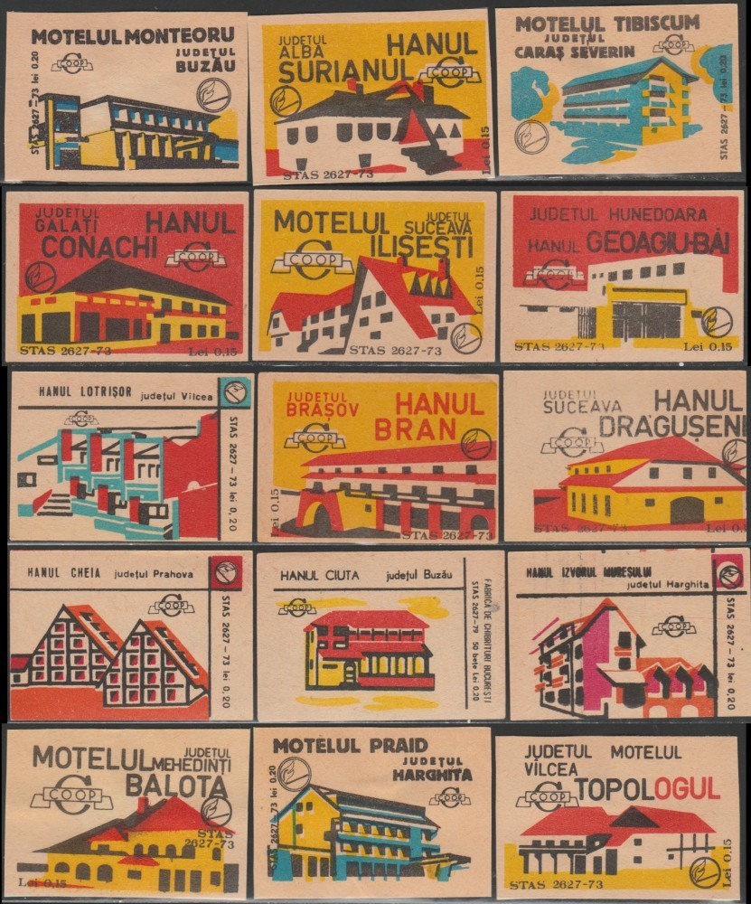1974-1977 Romania - Set 15 etichete de chibrituri romanesti Hanuri si ...