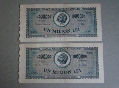 2 Bancnote 1000000 lei 1947 aUNC ROMANIA - Serii Consecutive foto