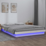 Cadru Pat Dublu 135x190 cm Lemn Masiv Alb cu LED Telecomanda