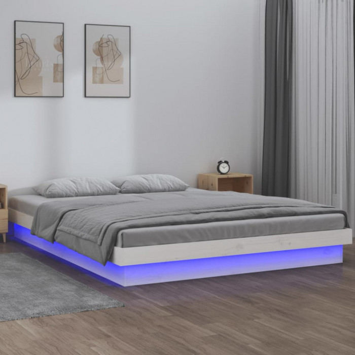 Cadru de pat cu LED, dublu, alb, 135x190 cm, lemn masiv GartenMobel Dekor