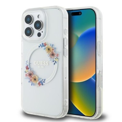 Husa pentru iPhone 16 Pro - Guess IML Flowers Wreath MagSafe (GUHMP16LHFWFCT) - Clear foto