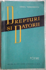 VIRGIL TEODORESCU - DREPTURI SI DATORII (POEME) [editia princeps, ESPLA - 1958] foto
