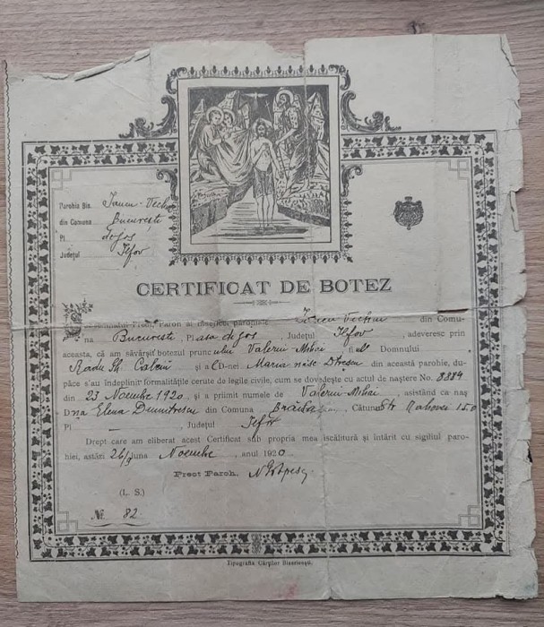 Certificat de botez 1920