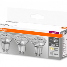 3 Becuri LED Osram Base PAR16 36°, GU10, 4.3W (50W), 350 lm, lumina calda