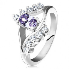 Inel de culoare argintie, zirconiu oval violet deschis, linii din zirconii transparente - Marime inel: 49
