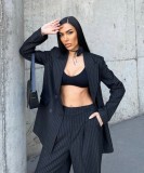 Cumpara ieftin Costum negru elegant, cu dungi, oversized, din stofa , sacou lung si pantaloni largi