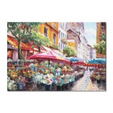 Tablou living pictat manual, Peisaj citadin, pe strada florilor, 100x70cm ulei pe panza, Valentin Pop