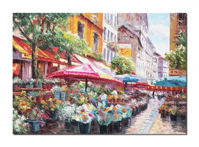 Tablou living pictat manual, Peisaj citadin, pe strada florilor, 100x70cm ulei pe panza, Valentin Pop foto