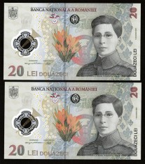 Romania, lot 2 bancnote 20 lei 2021 UNC din fisic