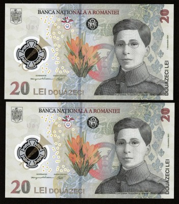 Romania, lot 2 bancnote 20 lei 2021 UNC din fisic foto