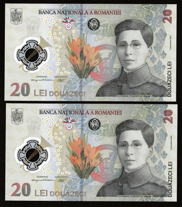 Romania, lot 2 bancnote 20 lei 2021 UNC din fisic