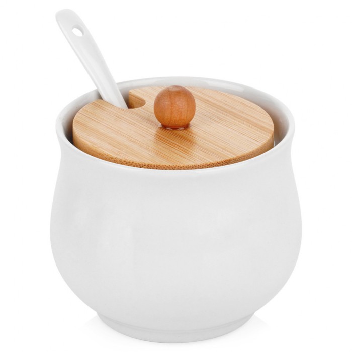 Bol pentru zahar din ceramica si bambus alb 9x9cm - 250ml Handy KitchenServ