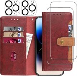 Set husa cu 2 folii de protectie ecran si 2 camera pentru iPhone 14 Pro Max Gimane, piele PU/sticla securizata, rosu, 6,7 inchi