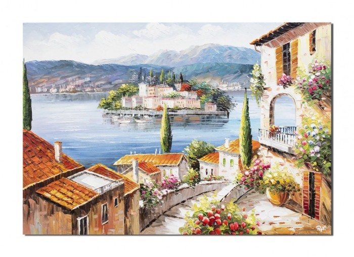 Tablou living pictat manual, Colt de rai, peisaj citadin, 100x70cm ulei pe panza in cutit efect 3D, Valentin Pop