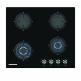 Plita incorporabila gaz HBH-S584WI-GBK, 4 arzatoare, aprindere electrica, gratar fonta, WOK, sticla neagra, Heinner