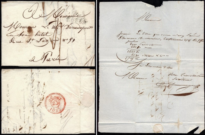 France 1823 Postal History Rare Stampless Cover + Content Rouen to Paris DB.090