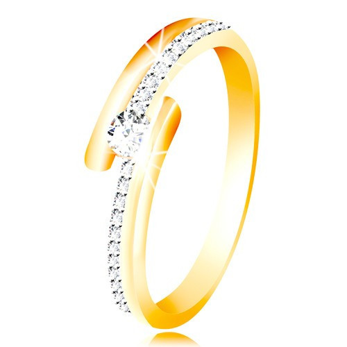 Inel din aur 585 - brațe divizate în combinație cu aur alb, zirconiu rotund  transparent - Marime inel: 49 | Okazii.ro