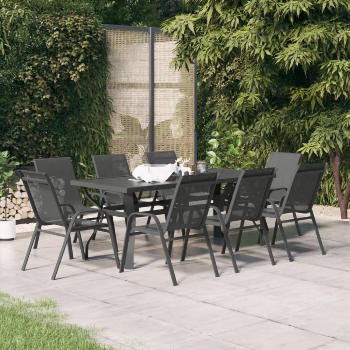 vidaXL Set de servit masa pentru grădină, 9 piese, gri și negru 3095976