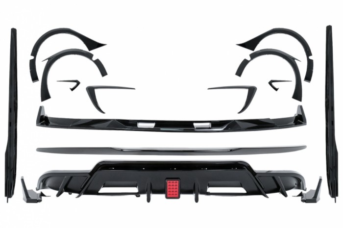 Pachet Exterior Complet de Extensii Tesla Model 3 (2017-2022) Prelungire Bara Fata cu Difuzor de aer si Eleron Negru Lucios Performance AutoTuning