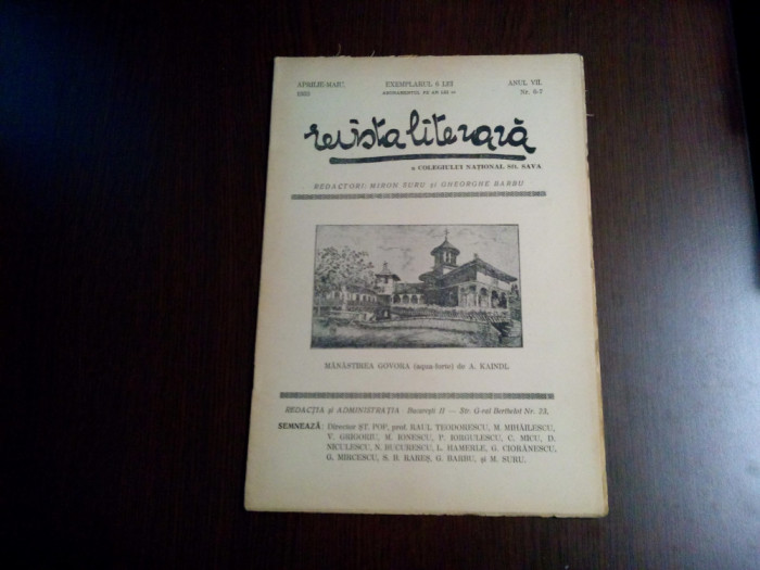 REVISTA LITERARA a COLEGIULUI NATIONAL Sft. SAVA - Anul VII, nr.6-7, 1933, 19p.