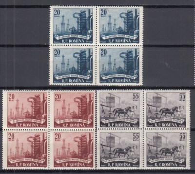 ROMANIA 1957 LP 442 CENTENARUL INDUSTRIEI PETROLIERE ROMANE SERIA IN BLOC DE 4 TIMBRE STARE MNH foto