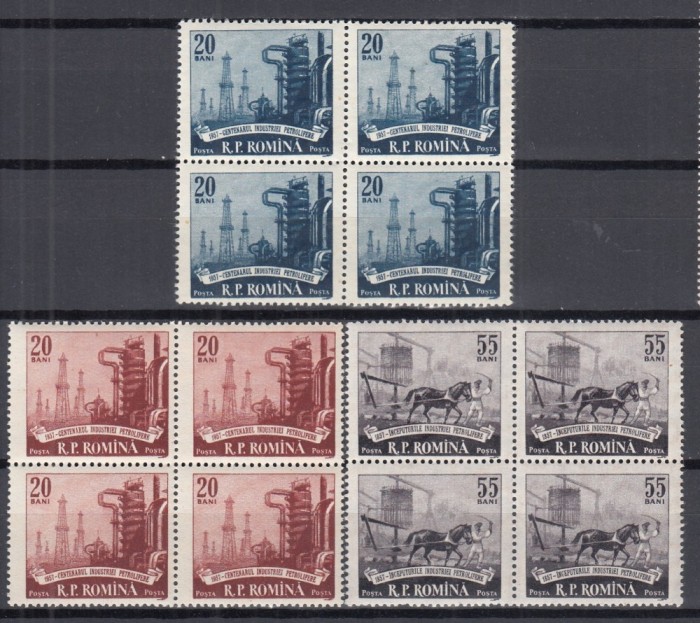 ROMANIA 1957 LP 442 CENTENARUL INDUSTRIEI PETROLIERE ROMANE SERIA IN BLOC DE 4 TIMBRE STARE MNH