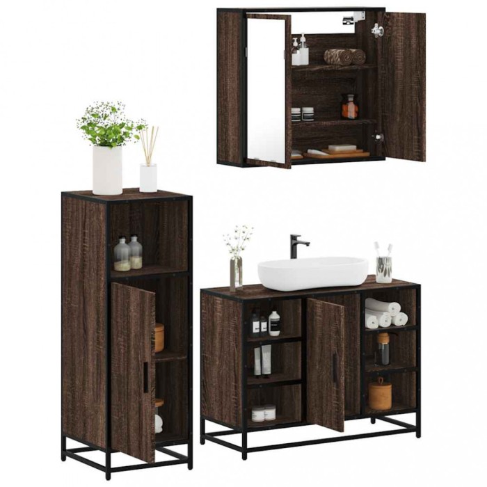 Gossi set mobilier de baie, 3 piese, stejar maro, lemn prelucrat