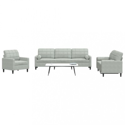 vidaXL Set de canapele cu perne, 3 piese, gri deschis, catifea 3278451 foto