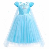 Rochie Fantezie Printesa Elsa Eleganta Trena Argintie Pietricele Strălucitoare Volane Tulle Petrecere Copii 3-6 Ani