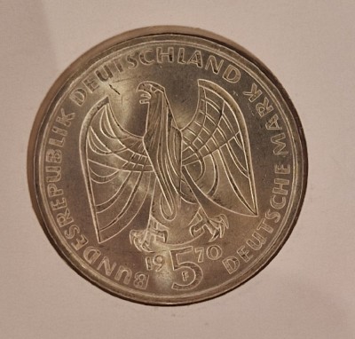 Germany, Germania, 5 MArk 1970, KM#127, argint, foarte buna, comemorativa foto