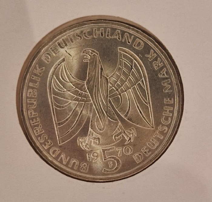 Germany, Germania, 5 MArk 1970, KM#127, argint, foarte buna, comemorativa