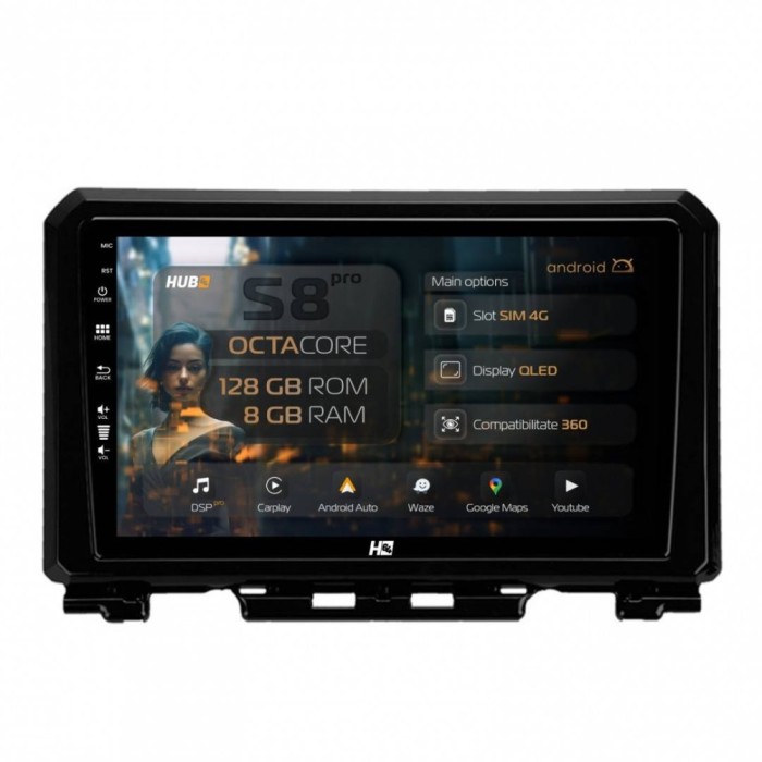 Navigatie Suzuki Jimny (2018-2022) 8GB RAM Android 13 Octacore Slot Sim 4G DSP GPS Wi-FI Carplay Android Auto USB Bluetooth Waze Touchscreen 9 Inch
