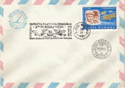 Rom&amp;acirc;nia, Expoziţia filatelică omagială &amp;quot;Aripi rom&amp;acirc;neşti&amp;quot;, plic, Buzău, 1981 foto