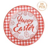 Farfurii de Petrecere din Carton, Model Carouri Alb-Rosii, Happy Easter, &Oslash;23cm, 25 buc, CMCLASS