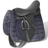 Set echitație 5-in-1 cu șa 40,5 cm din piele naturală, Negru, vidaXL