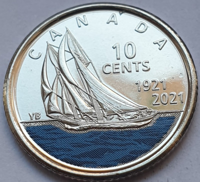 10 cents 2021 Canada, 100th Anniv. Bluenose, data dublă, varianta color , unc foto