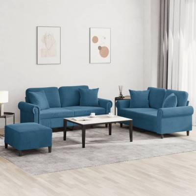 vidaXL Set de canapele cu perne, 3 piese, albastru, catifea 3202249 foto
