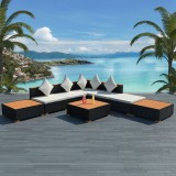 Set Mobilier Gradina Poliratan vidaXL, 18 Piese, Negru/Maro, Blat WPC, Canapea Modulara, Taburet, Masa, Perne Incluse